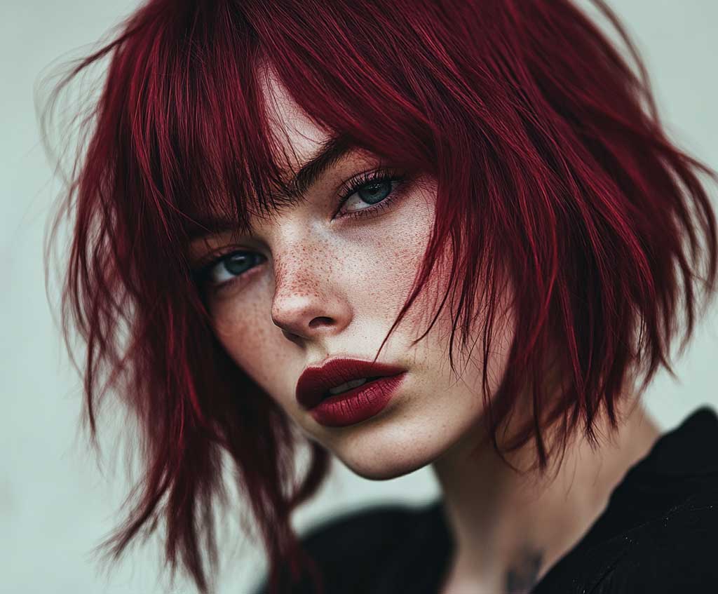 Bold Shag Haircut With Bangs Ideas In Fiery Red For A Striking Look