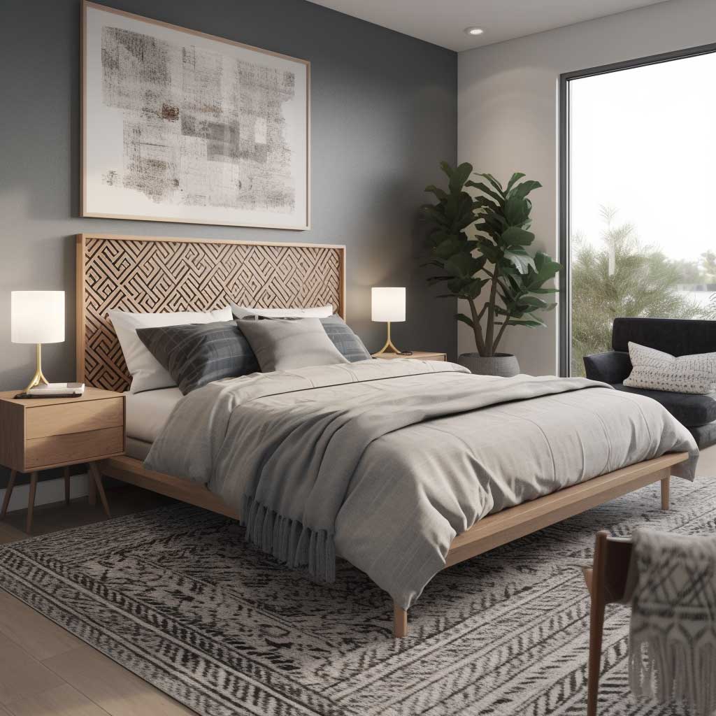 An image of a modern, stylish bedroom with geometric design elements, including a geometric patterned rug, wall art, and bedding, complemented by minimalist furniture.