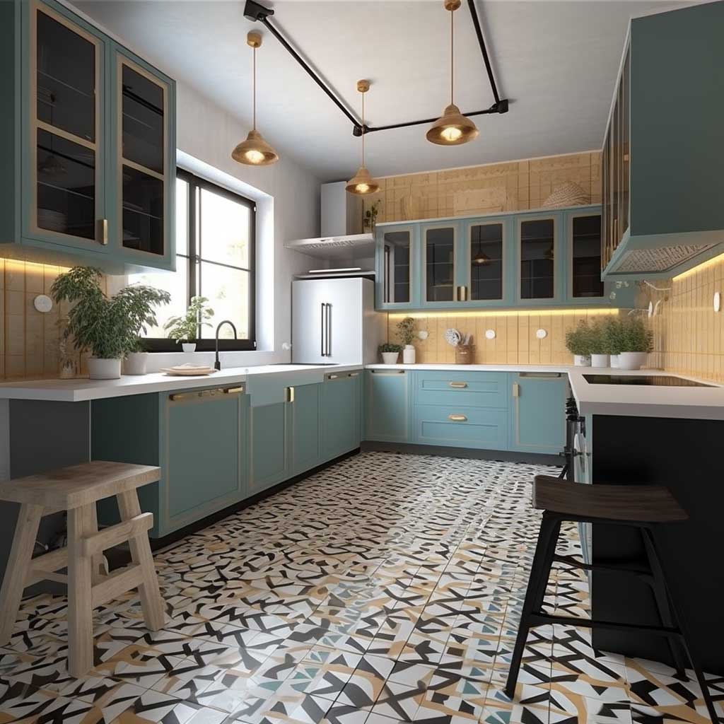 An image featuring an eye-catching kitchen with a striking geometric floor design. The floor pattern includes various geometric shapes in a harmonious color palette, harmonizing with the kitchen's overall decor.