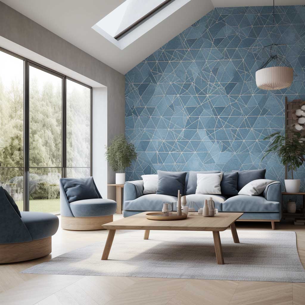 A tranquil living room featuring blue geometric wallpaper, creating a serene and visually captivating atmosphere in the space.