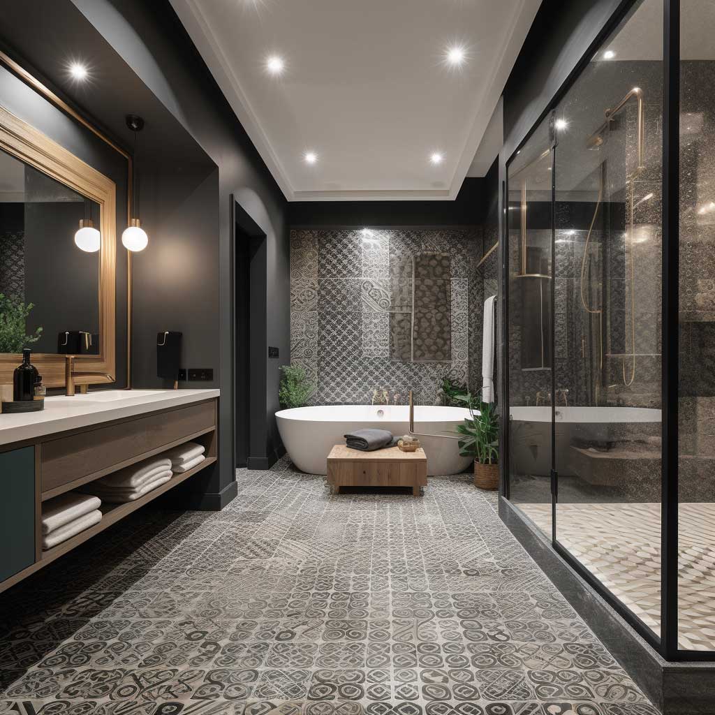 An image showcasing a luxurious master suite, highlighted by the addition of geometric bathroom floor tiles. The tiles, with their intricate patterns and contrasting colors, lend a striking visual touch, enhancing the overall aesthetic of the bathroom.