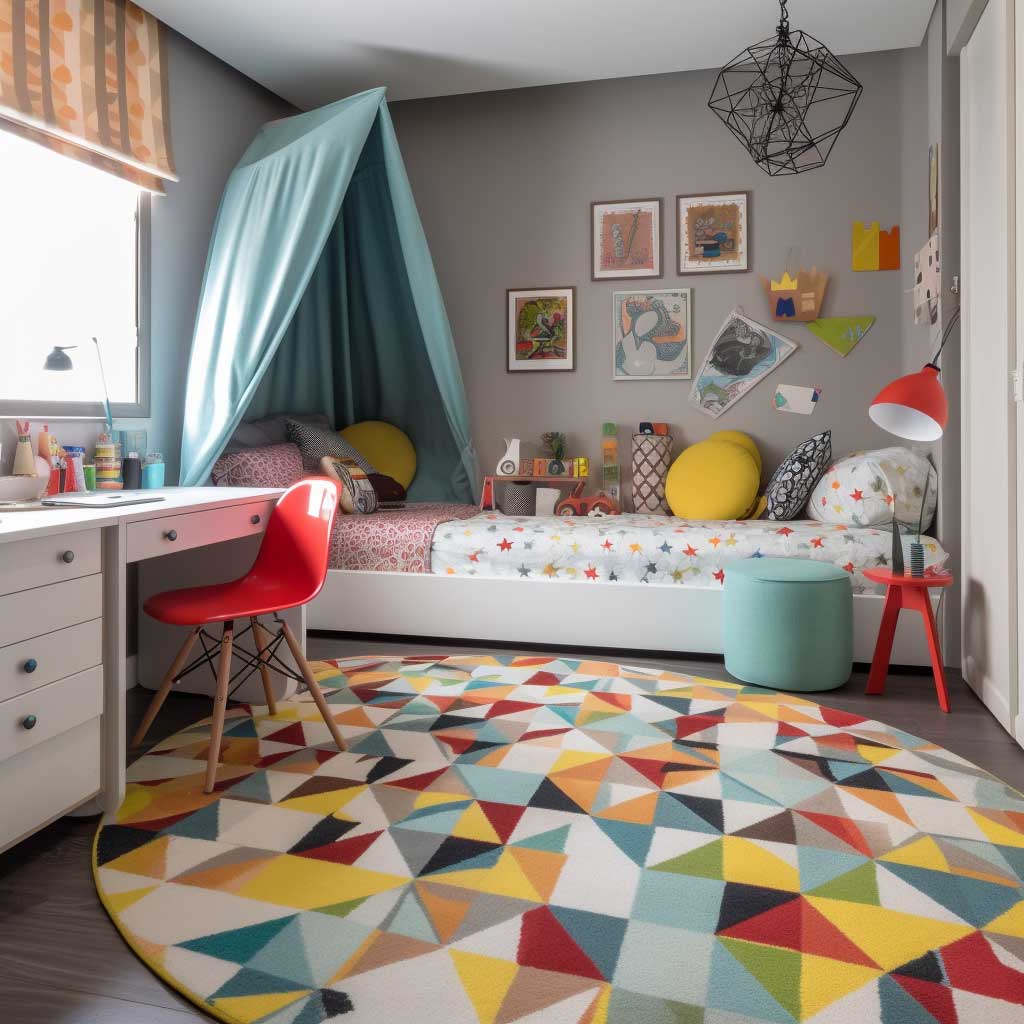 A kid's room adorned with a colorful geometric carpet, offering a fun, stimulating environment and creating a cheerful atmosphere.