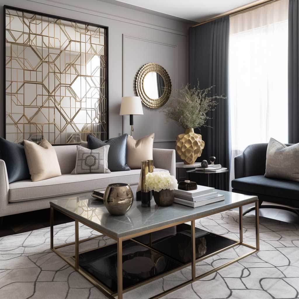 A chic living room featuring geometric decorative accessories, adding a touch of modern elegance and visual interest to the space.