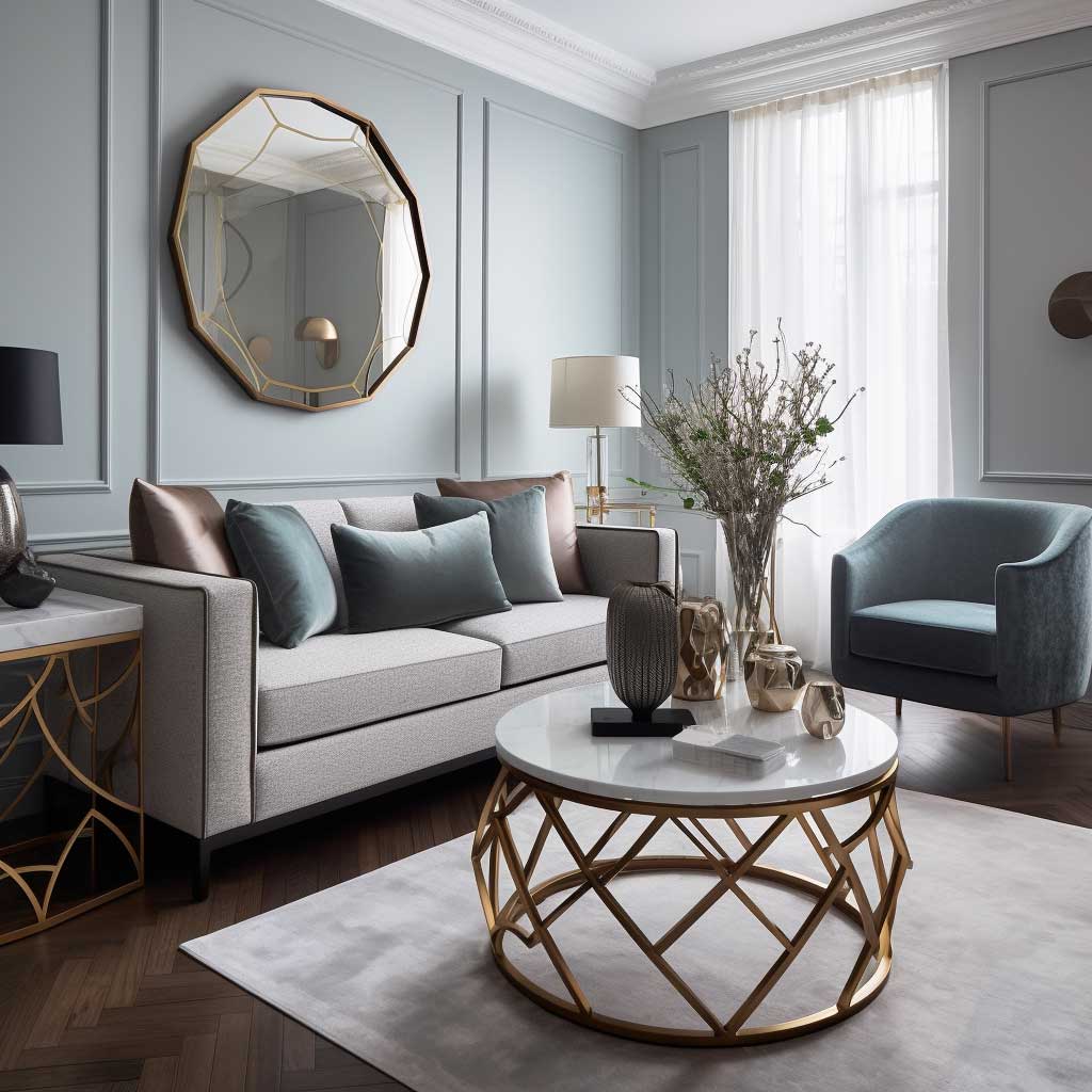 A chic living room featuring geometric decorative accessories, adding a touch of modern elegance and visual interest to the space.