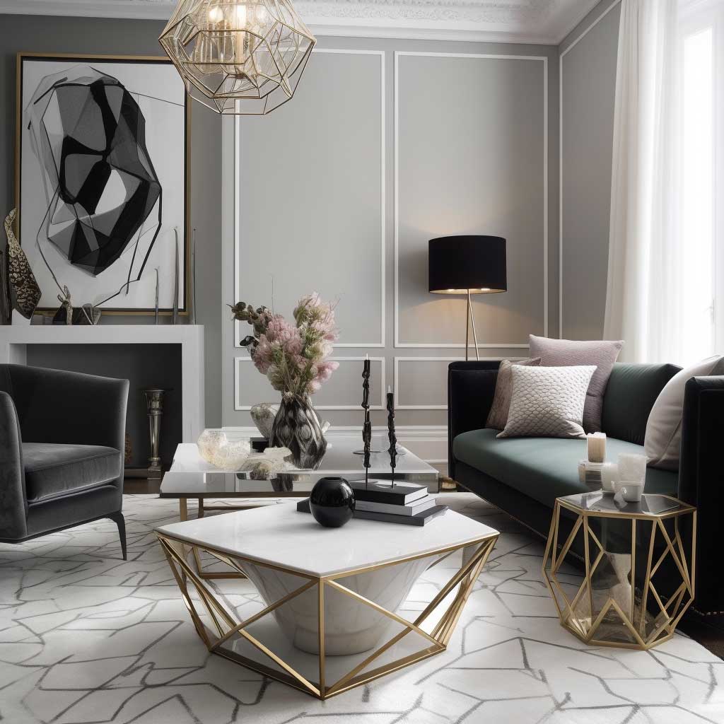 A chic living room featuring geometric decorative accessories, adding a touch of modern elegance and visual interest to the space.