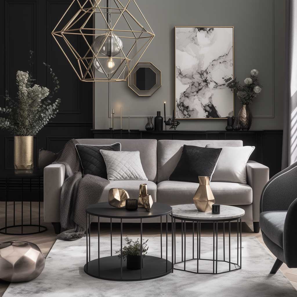 A chic living room featuring geometric decorative accessories, adding a touch of modern elegance and visual interest to the space.
