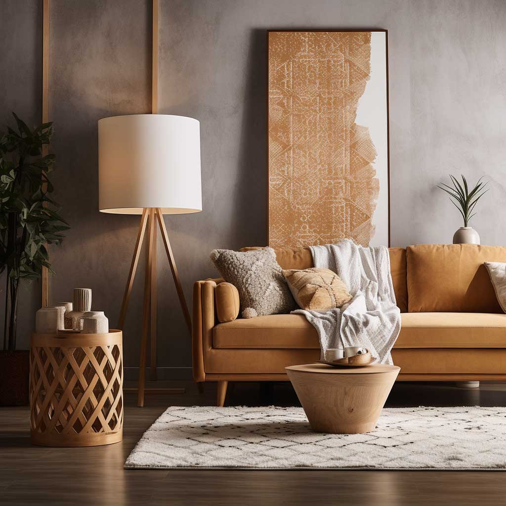 An image showcasing a chic living room, highlighted by a geometric floor lamp. The lamp, with its intricate design and warm glow, adds a layer of visual interest and coziness to the room, while also serving a functional purpose.