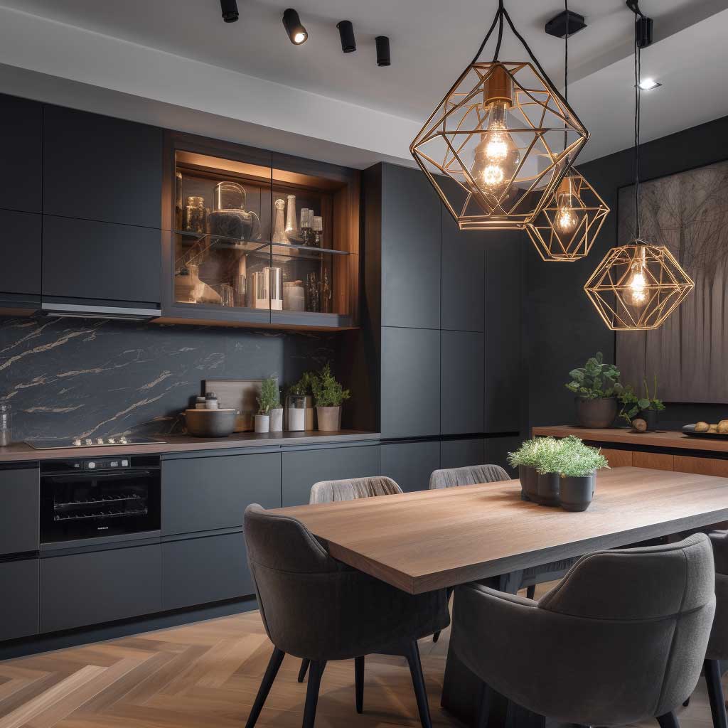 A contemporary kitchen design highlighted by a geometric hanging light fixture, creating a captivating focal point and warm illumination.