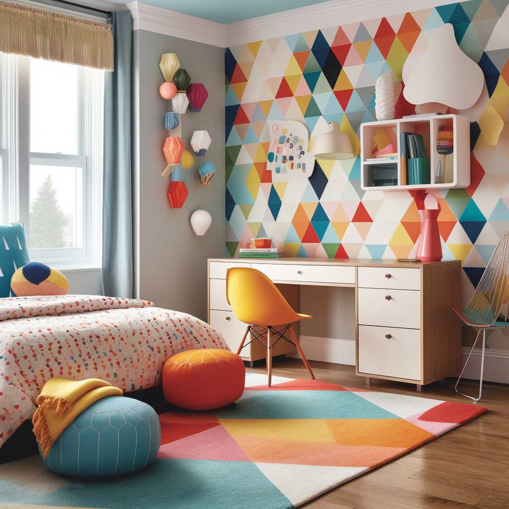 An image of a vibrant and fun children's room featuring engaging geometric design elements. The design includes a geometrically patterned wall, uniquely shaped furniture, and a variety of colorful geometric accessories.