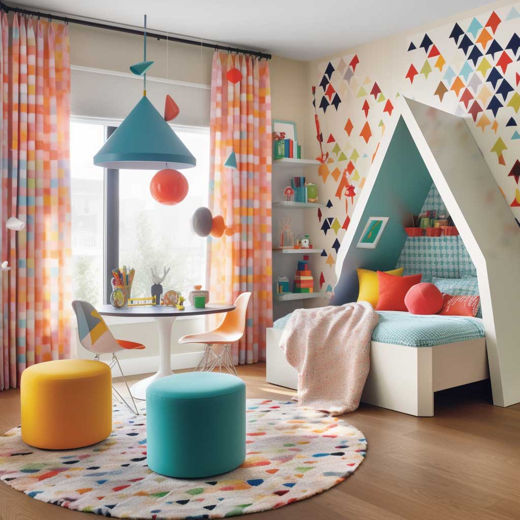 An image of a vibrant and fun children's room featuring engaging geometric design elements. The design includes a geometrically patterned wall, uniquely shaped furniture, and a variety of colorful geometric accessories.