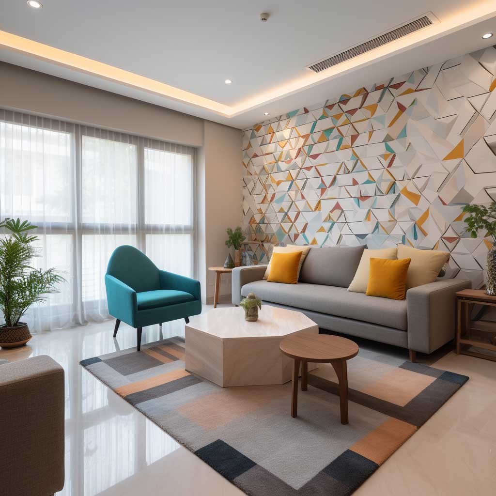 A spacious living room furnished with geometric modern furniture, offering a comfortable yet stylish atmosphere.