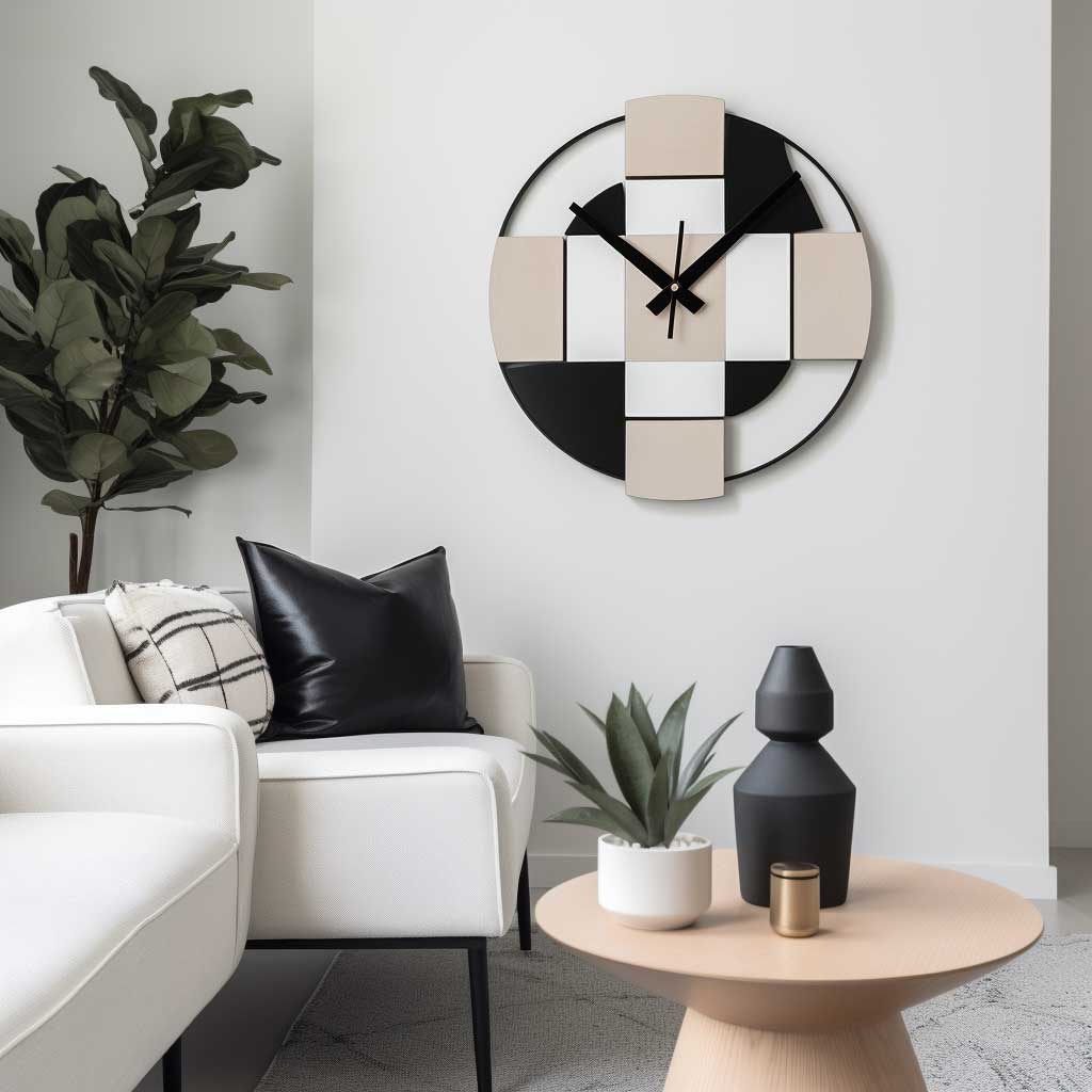 A geometric wall clock with sleek black hands and bold white numbers hanging on a light-colored wall in a stylish contemporary living room.
