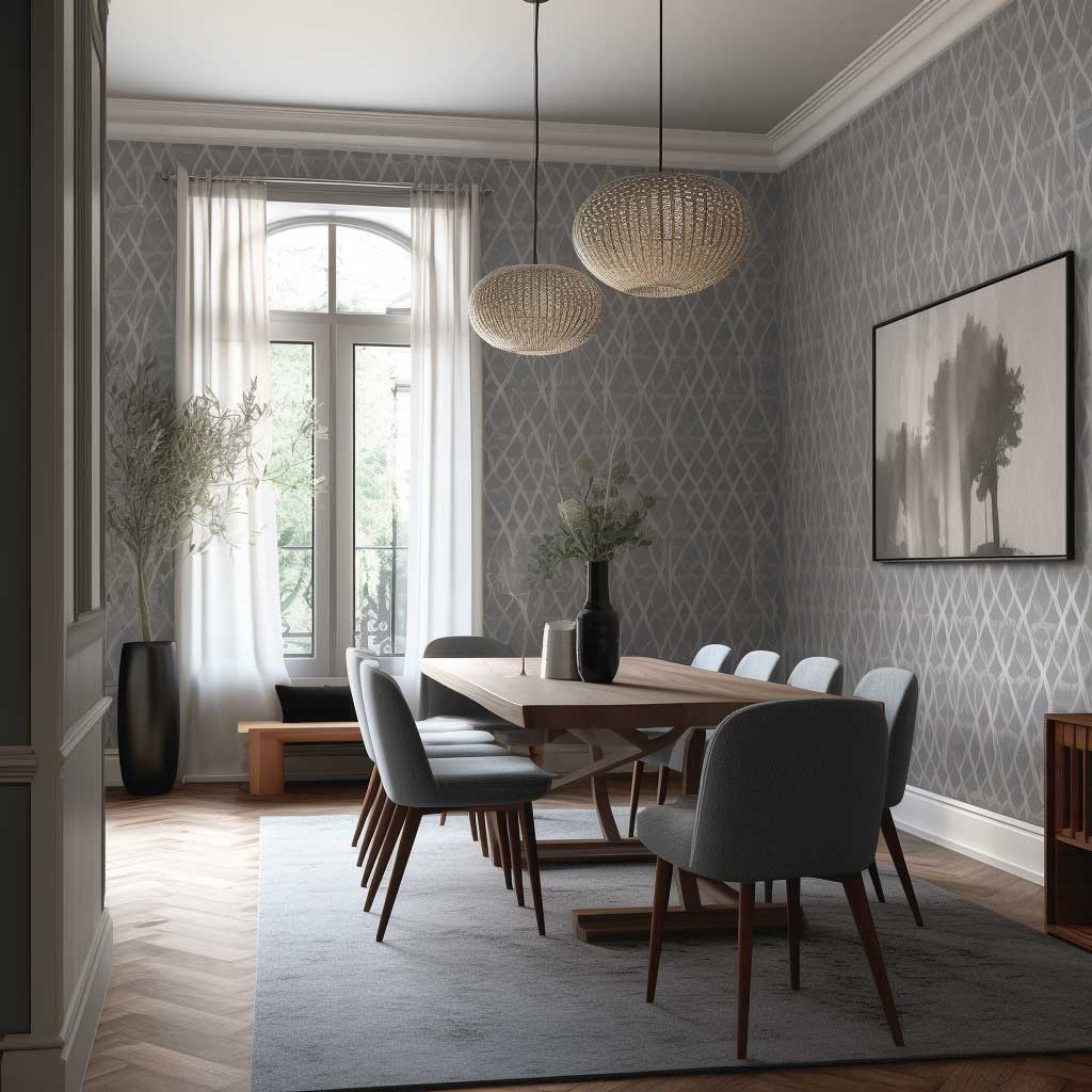 A stylish dining room featuring grey geometric wallpaper, adding a touch of modern elegance and visual interest to the space.
