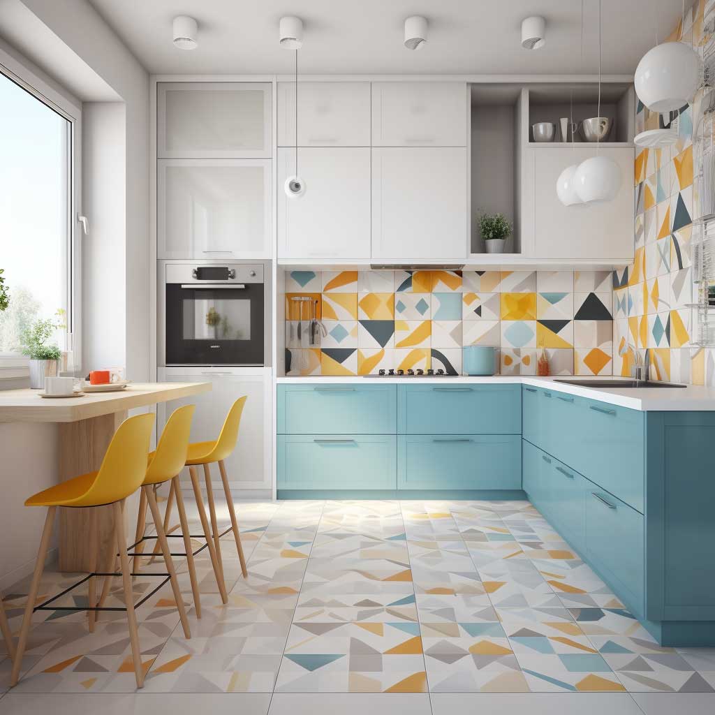 Modern geometric pattern tiles adorning a large and bright kitchen space.