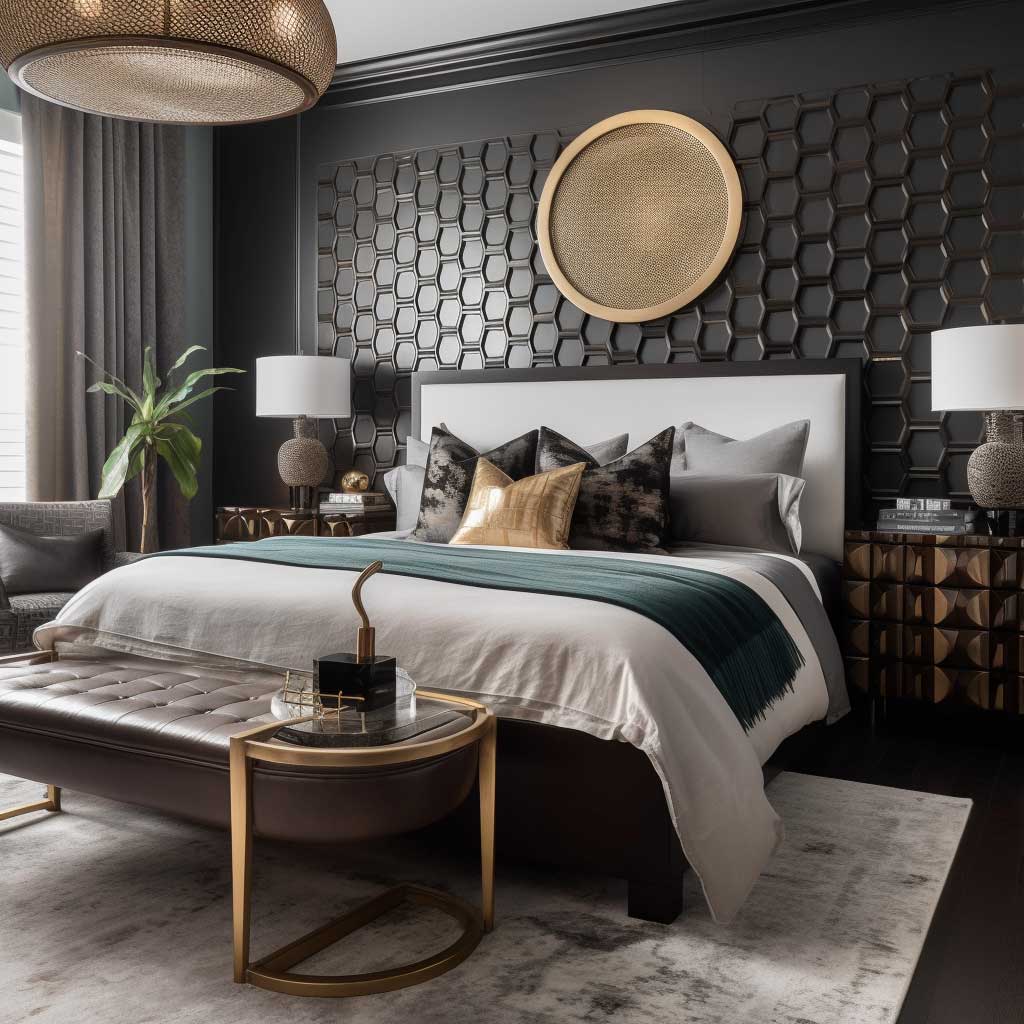 A well-appointed master suite featuring an array of geometric bedroom accessories that add a touch of sophistication and modern charm.
