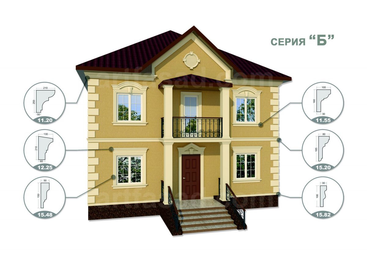 СЕРІЯ Б готовий дизайн екстер'єру фасаду приватного будинку комплект архітектурного декору набір фасадної ліпнини