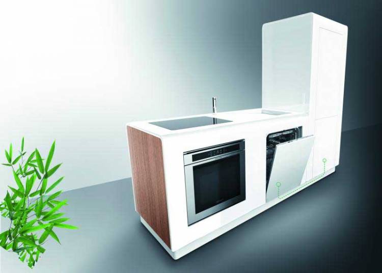 Міні кухонний блок білого кольору з вставкою дерева | Сучасні стильні кухні, меблі в сучасному вирішенні квартири | Дизайн, ідеї, фото, приклади, опис
