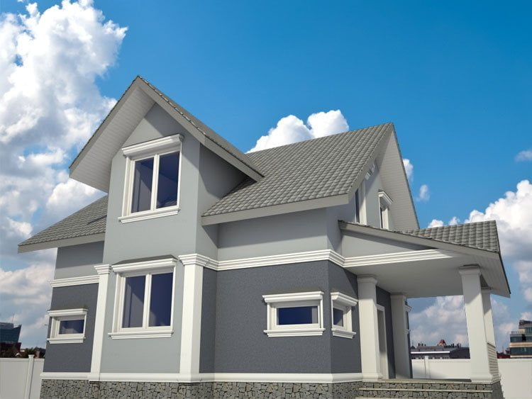 оттенки синего цвета на фасаде дома с серой крышей: цвет фасада дома, цветовая гамма, палитра, сочетание - комбинация с крышей, цоколем, окнами, декором, фото подбор