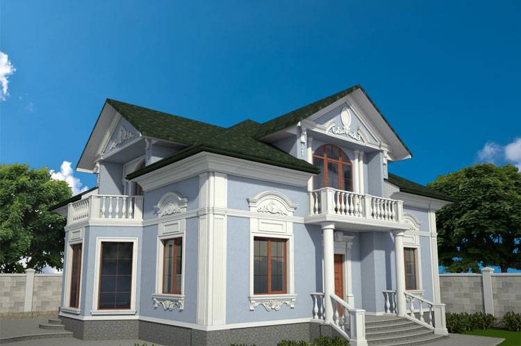 Blauwe kleuren van de gevel van een huis met een groendak: de kleur van de gevel van het huis, kleuren, palet, combinatie - combinatie met een dak, plint, ramen, decor, fotoselectie