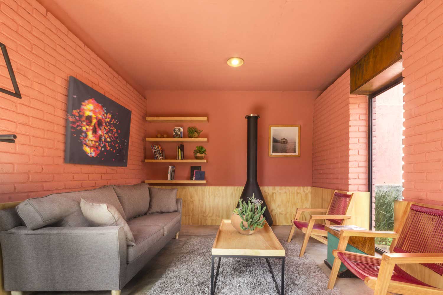 living room of a two-storey red brick house