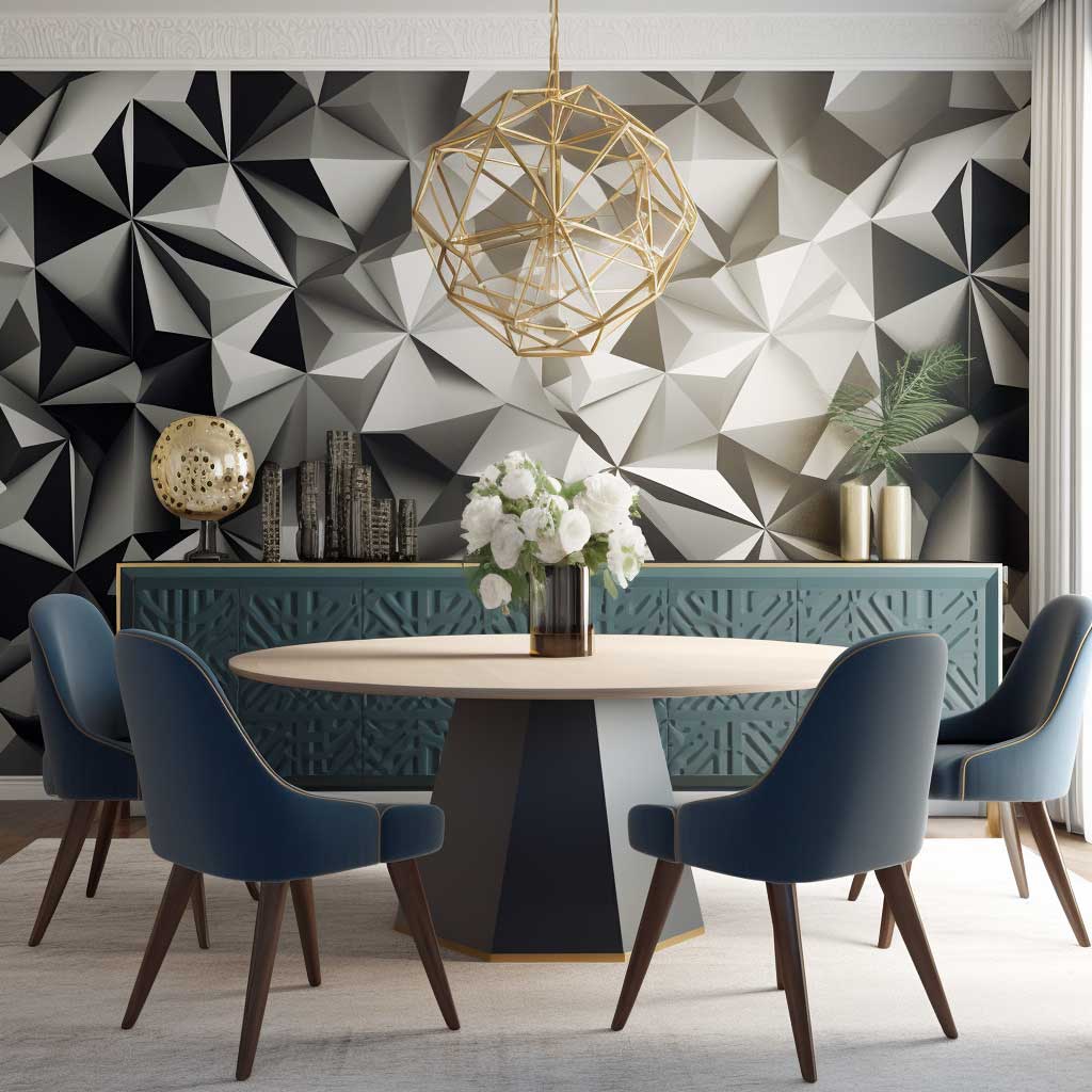 A stylish dining room adorned with mesmerizing 3D geometric wallpaper.