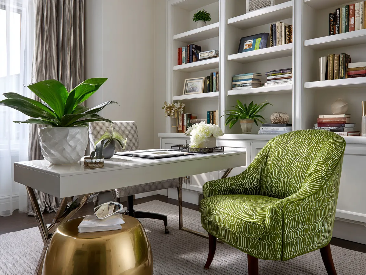 Geometric Green Fabric – A Vibrant Touch in a Chic Study Room