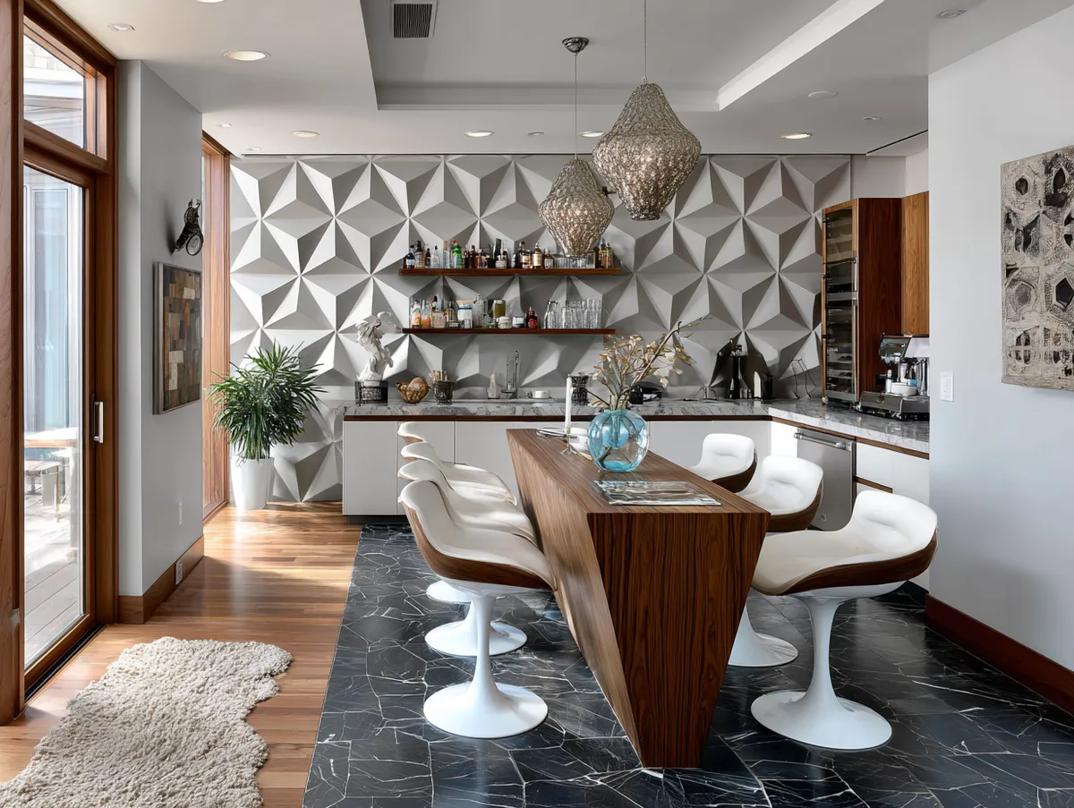 Angular Allure – Geometric Kitchen Backsplash Transforms a Modern Dining Area