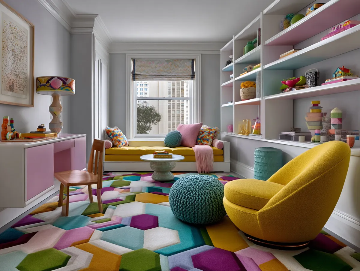 Kaleidoscope Play – Geometric Pattern Carpet in a Vibrant Kids Room