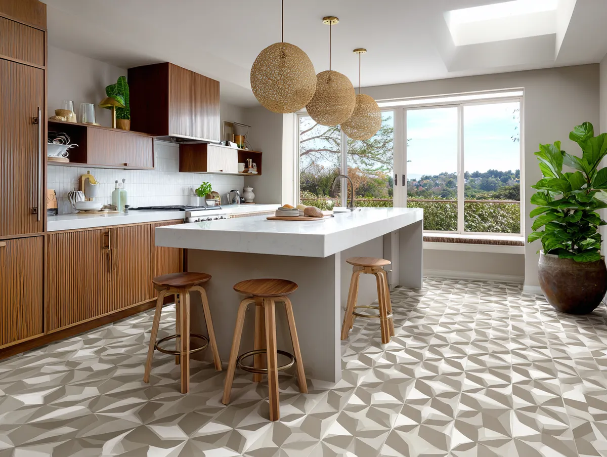 Geometric Vinyl Flooring Brightening a Modern Kitchen Space
