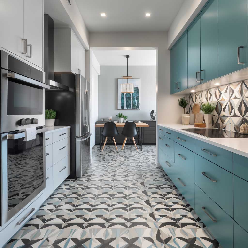 A photo of a stylish and modern kitchen featuring a bold geometric design. The design includes geometrically inspired cabinetry, backsplash, and flooring, complemented by a variety of geometric accessories.