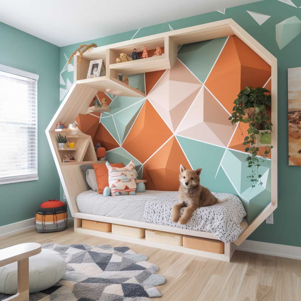 A vibrant kids room featuring a geometric wall design crafted with wood, adding depth and a sense of whimsy to the space.