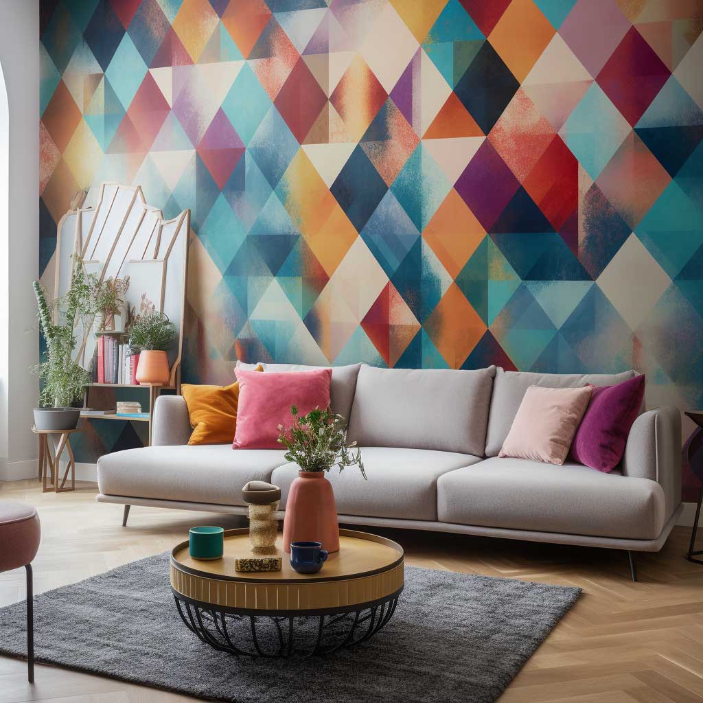 A contemporary living room adorned with vibrant abstract geometric wallpaper, adding depth and artistic appeal to the space.