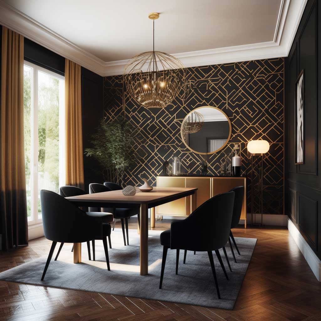 Black and Gold Geometric Wallpaper Elevates Luxurious Dining Room