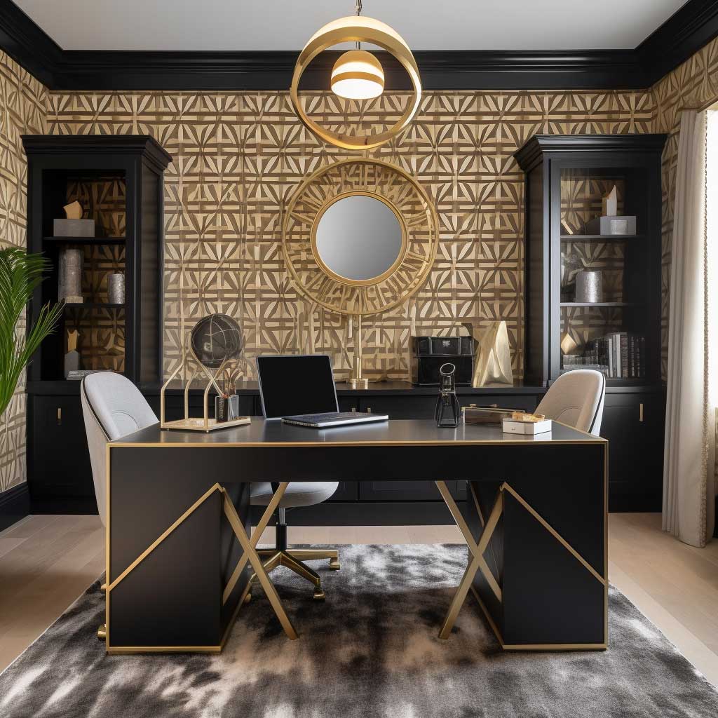 A luxurious home office adorned with a black and gold geometric wallpaper, enhancing the room's elegance and sophistication.