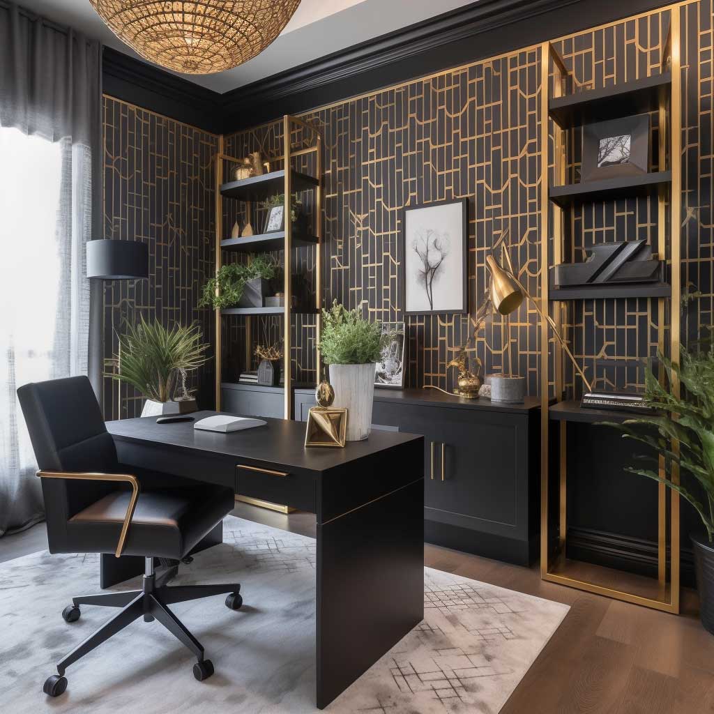 A luxurious home office adorned with a black and gold geometric wallpaper, enhancing the room's elegance and sophistication.