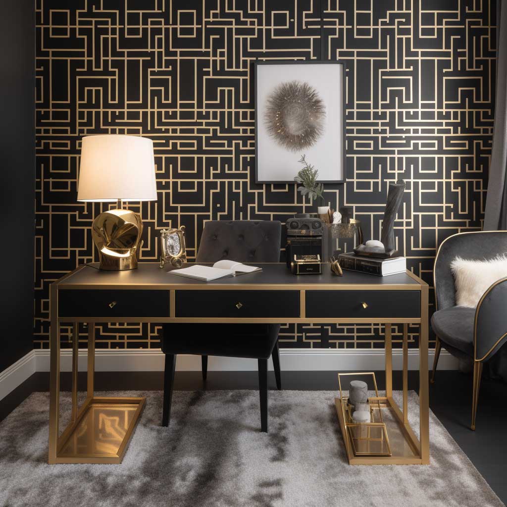 A luxurious home office adorned with a black and gold geometric wallpaper, enhancing the room's elegance and sophistication.