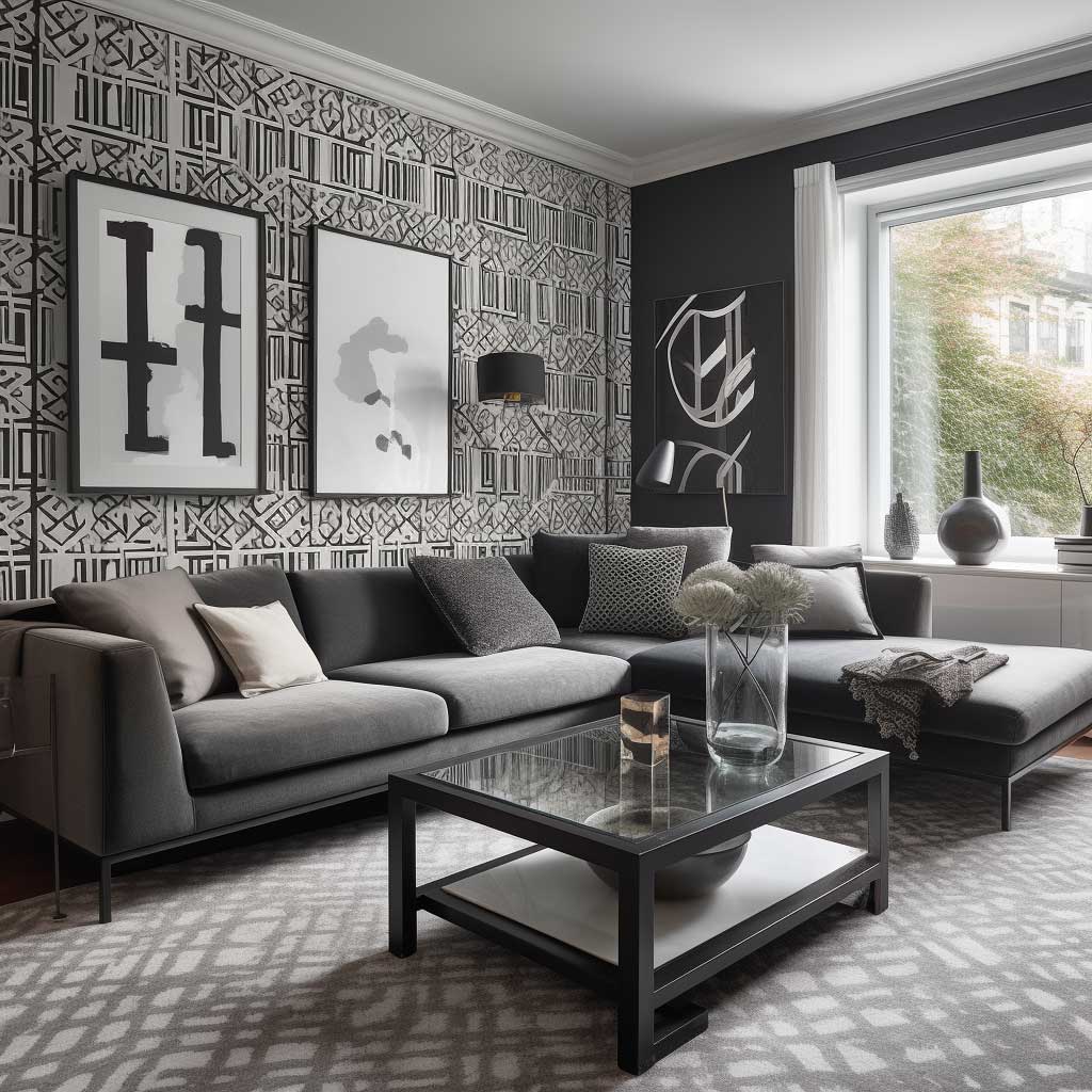 An elegant modern living room featuring black and white geometric wallpaper, a plush grey sofa, a glass coffee table, and contemporary art pieces.