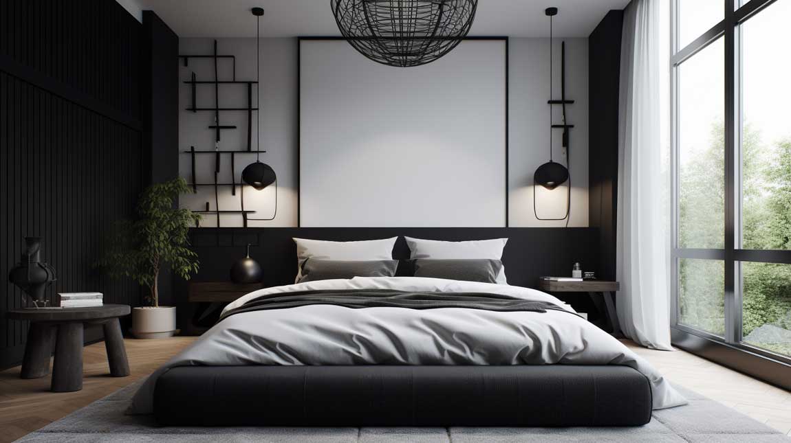 Black and white bedroom with minimalist design and clean lines