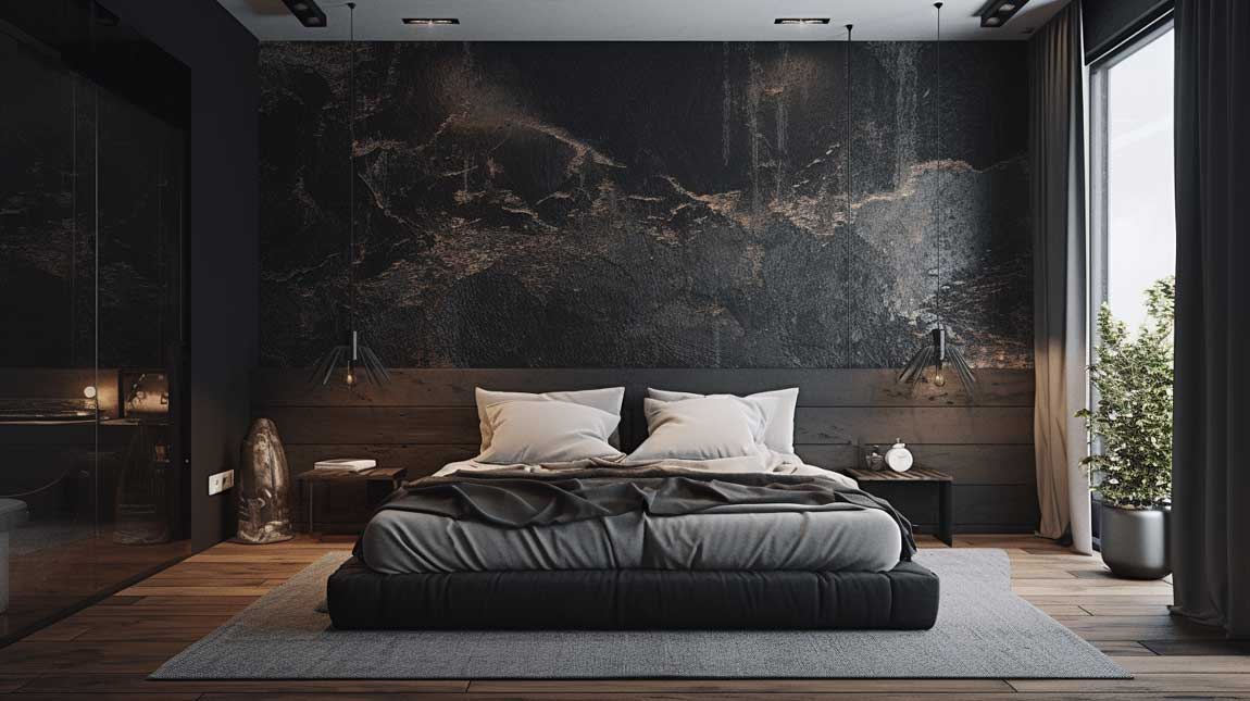 Black bedroom with an artistic accent wall and rich textures
