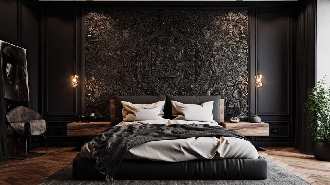 Black bedroom with an artistic accent wall and rich textures