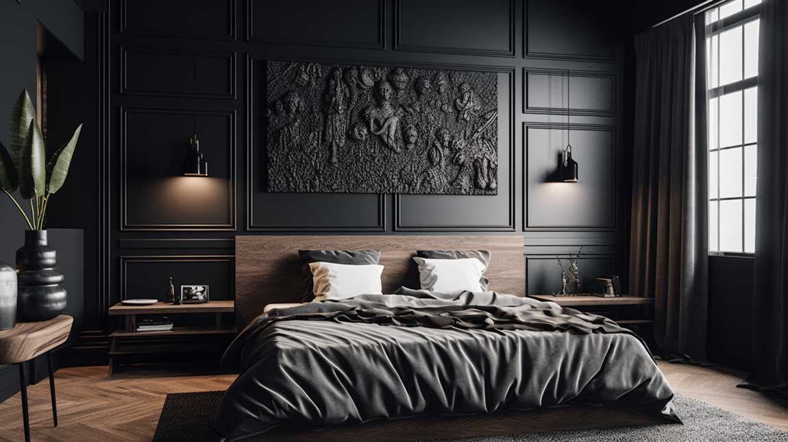 Black bedroom with an artistic accent wall and rich textures