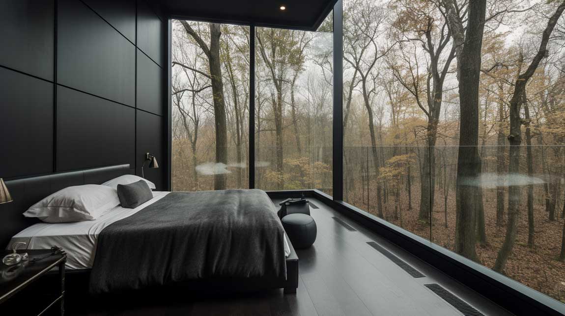 Black bedroom with floor-to-ceiling windows and nature views