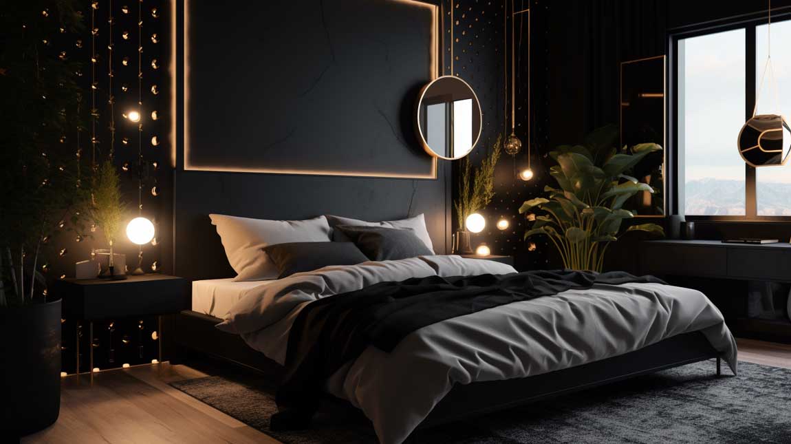 Cozy black bedroom with a touch of gold and soft lighting