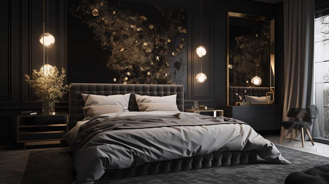 Cozy black bedroom with a touch of gold and soft lighting
