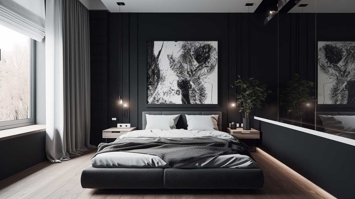 Black and white bedroom with minimalist design and clean lines