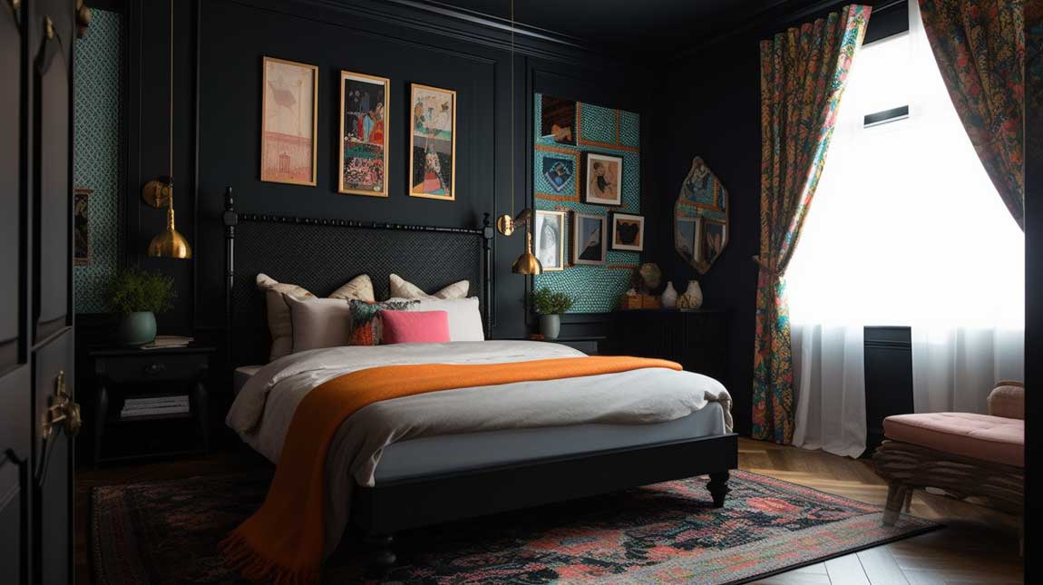 Eclectic black bedroom with colorful accents and patterns