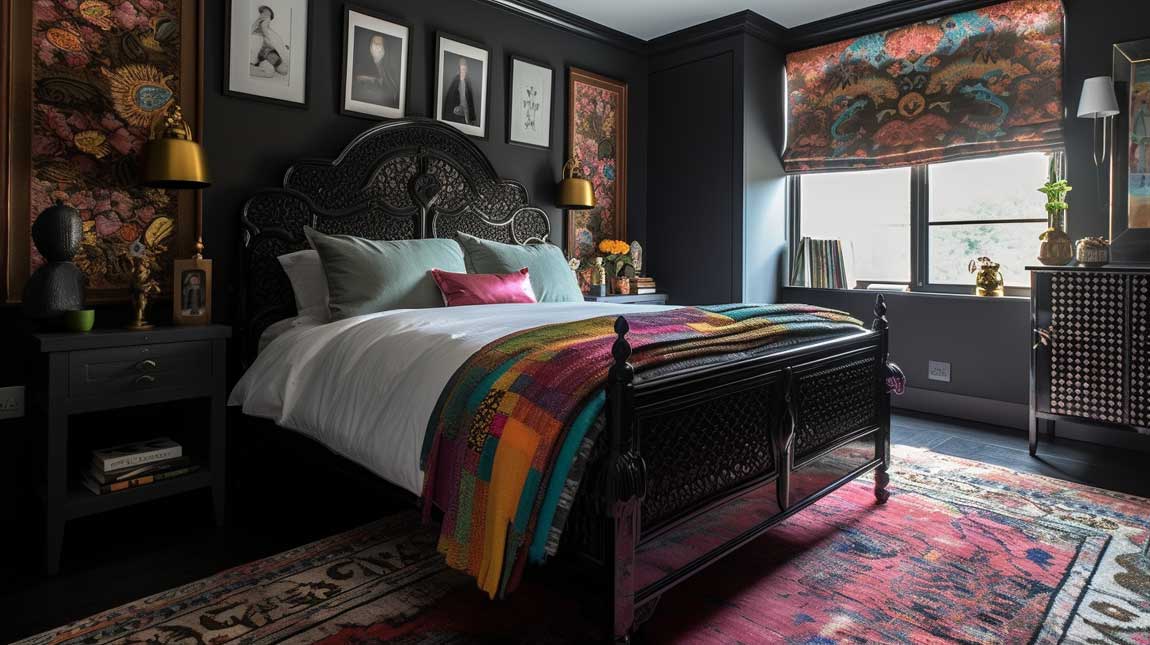 Eclectic black bedroom with colorful accents and patterns