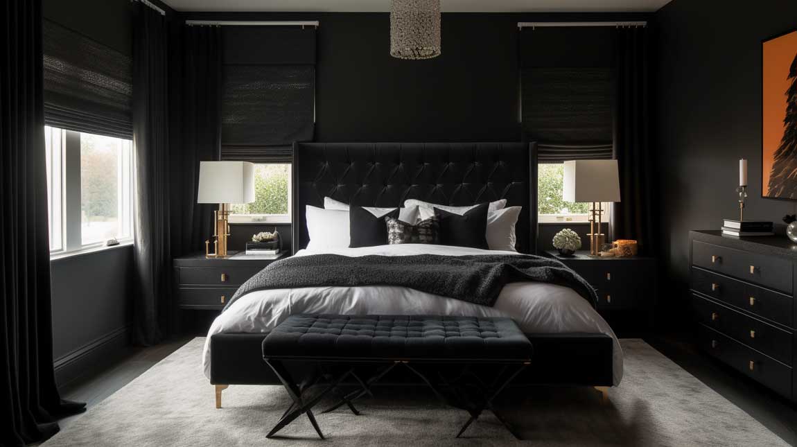 Elegant black bedroom with modern furniture and bold accents