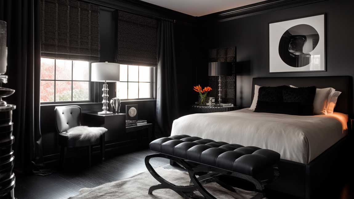 Elegant black bedroom with modern furniture and bold accents