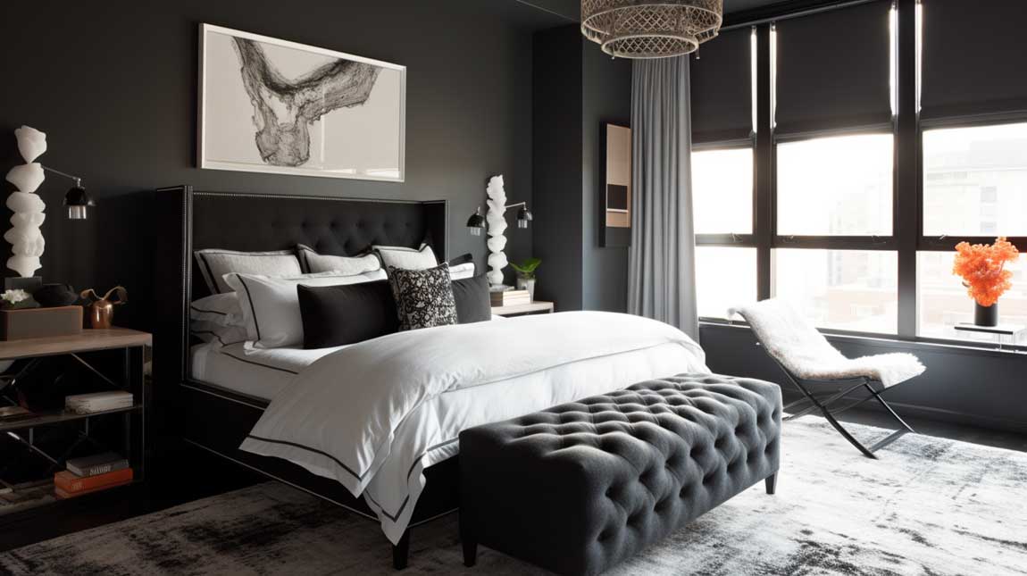 Elegant black bedroom with modern furniture and bold accents